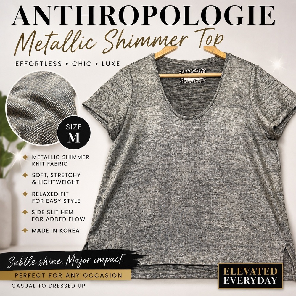 Anthropologie Metallic Shimmer Knit Top‎ Women Medium Silver Short Sleeve Luxe